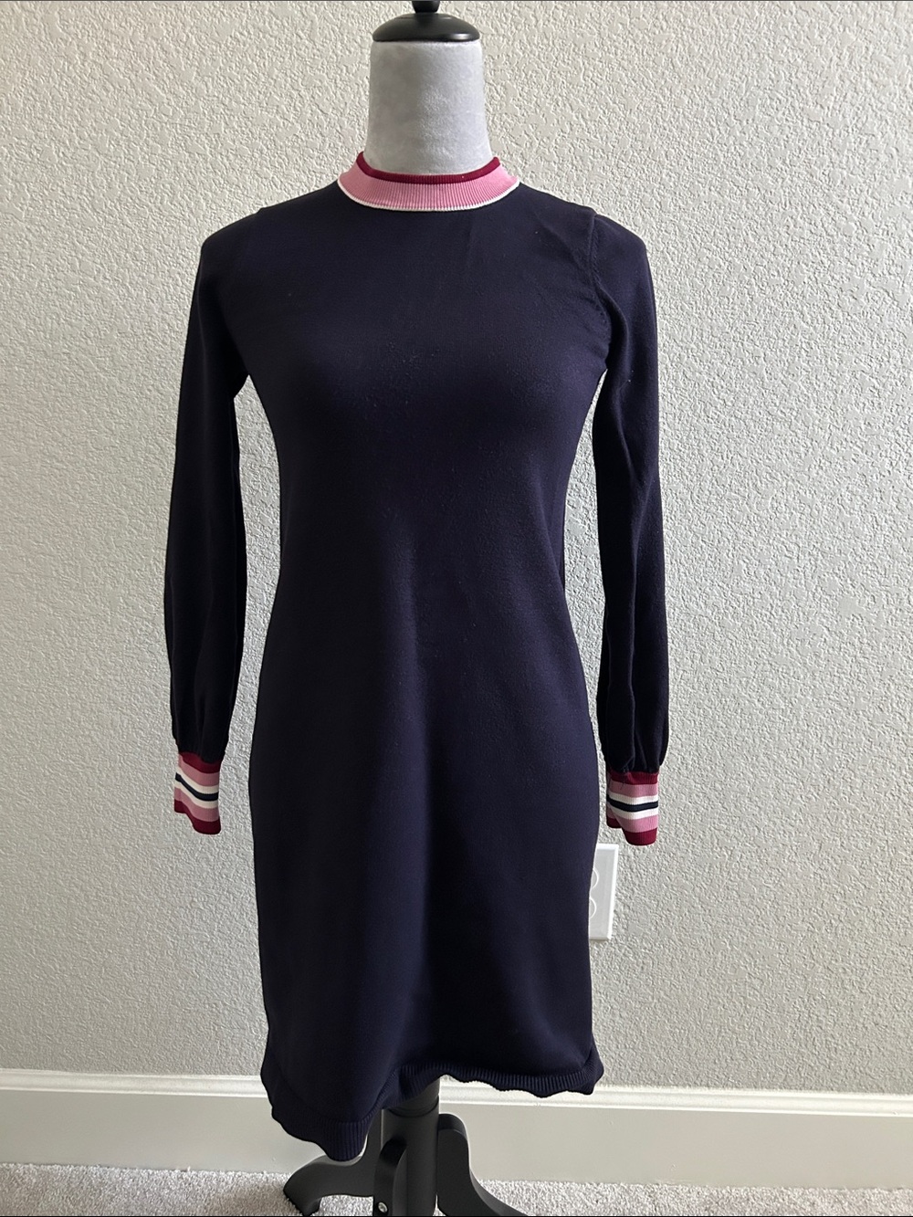 1901 Navy Long-Sleeve Knit Dress with Pink Trim